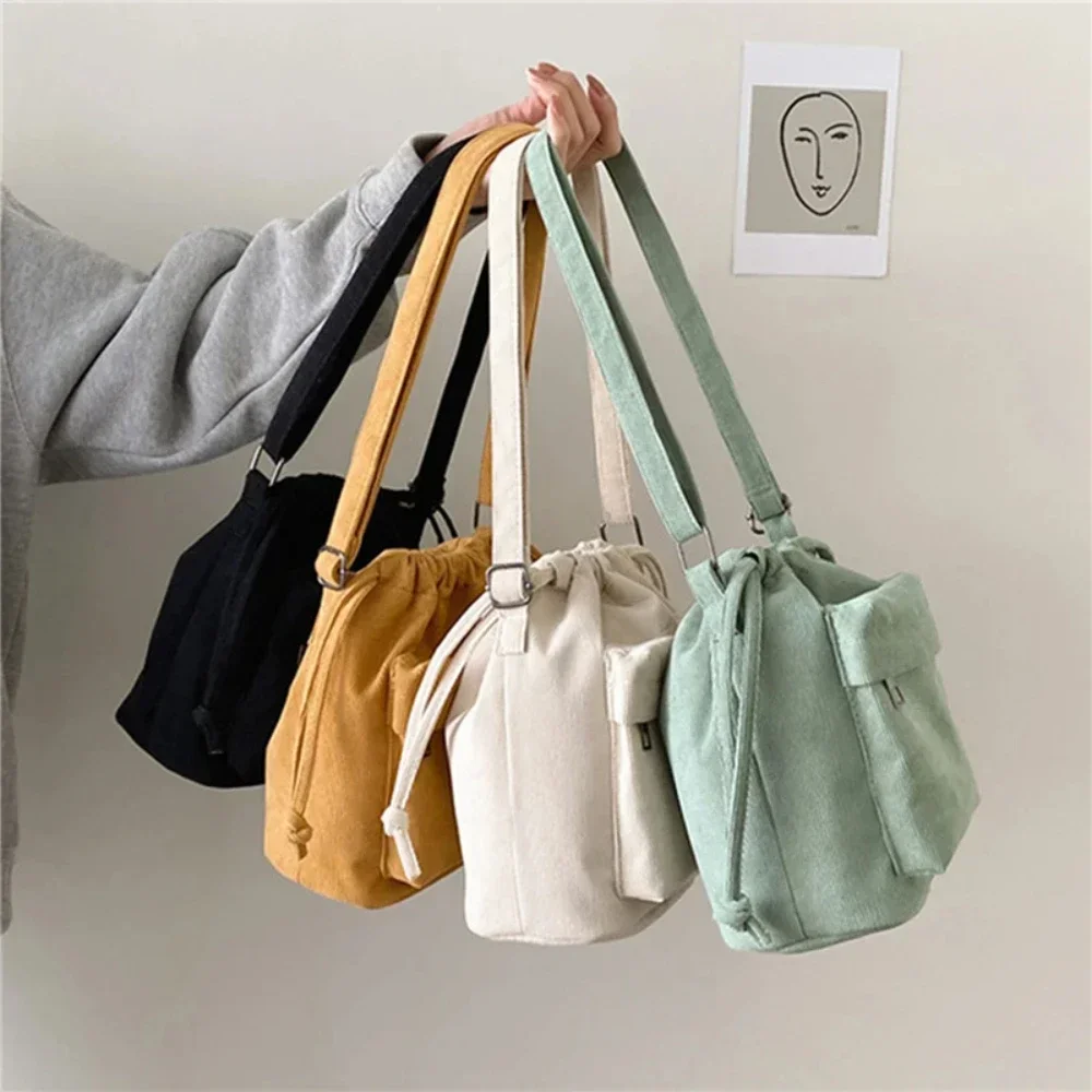 Se22e9b1d4fc34879864e85604beb0c397.webp Korean Corduroy Drawstring Bucket Shoulder Bag - Image 1