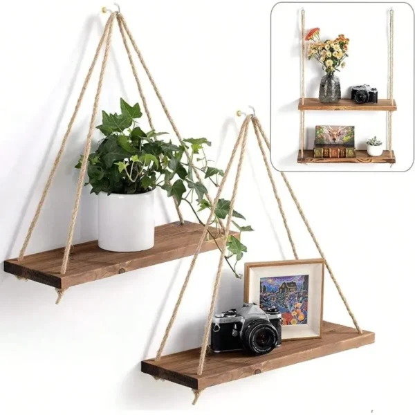 Wooden Hanging Rope Wall Shelf – Floating Home Decor