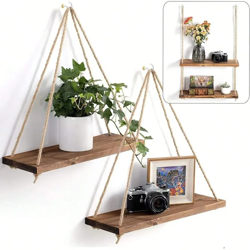S0d84f69dc81c464684b9b1b57aa210a1y.webp Wooden Hanging Rope Wall Shelf – Floating Home Decor - Image 1