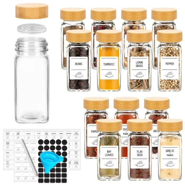 12 pcs Glass Spice Jars Set with Bamboo Lids & Labels