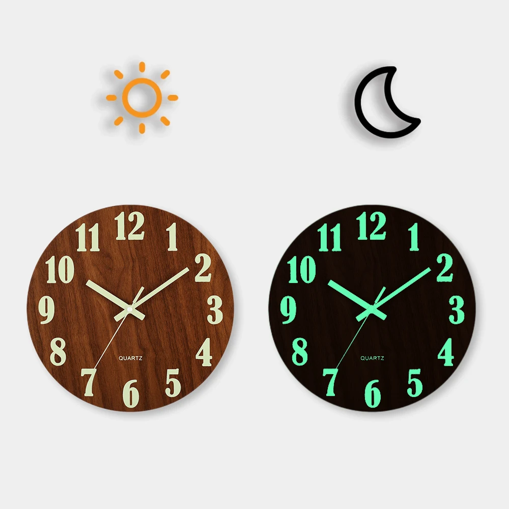 Sa87b904251cf4ab59b9572ab61bf5a5fG.webp 12 Inch Luminous Wooden Wall Clock – Silent Non-Ticking - Image 1
