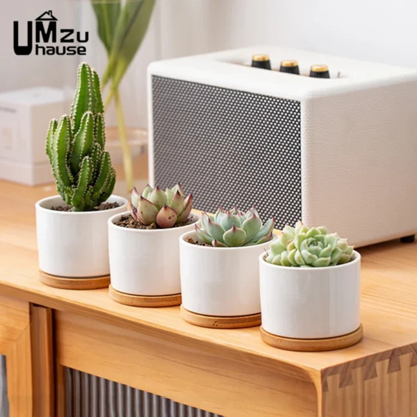 4PCS Ceramic Succulent Planters with Bamboo Tray