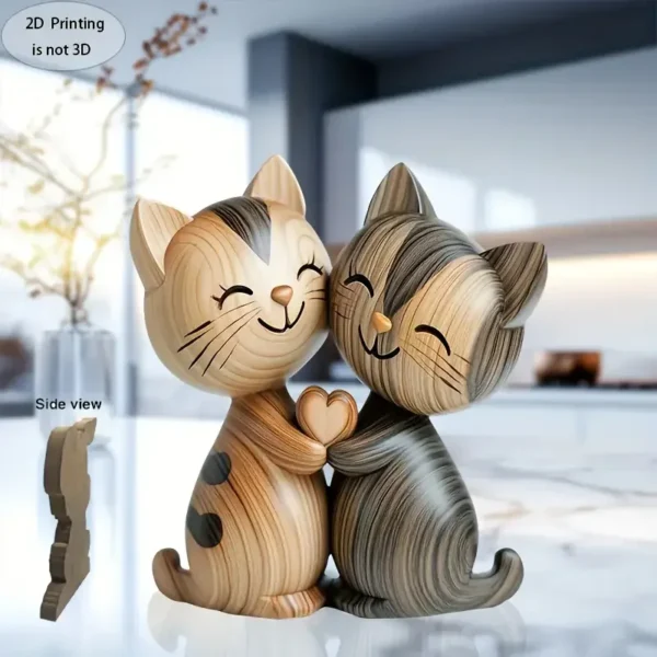 Wooden Kitten Couple Sculpture – 2D Cat & Bunny Figurine